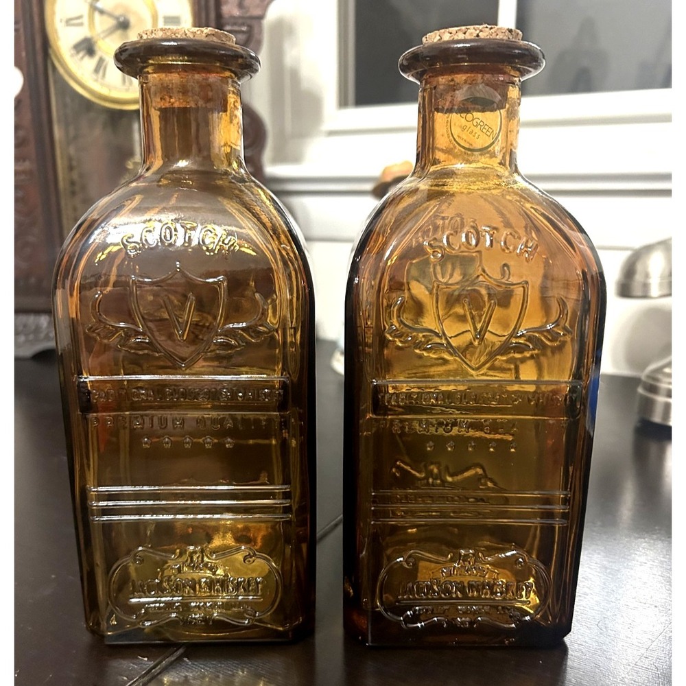 Jackson Whiskey Brown Glass Bottle W/ Cork Stopper, Set of 2, No Chips Excellent